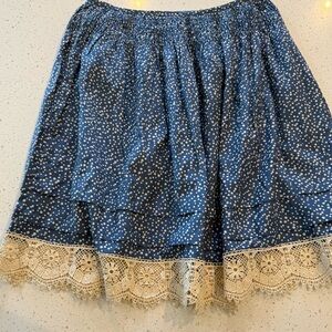 Sundance Blue Cream Polka Dots Silk Blend Lace Trim Smocked Waist Skirt Size 8